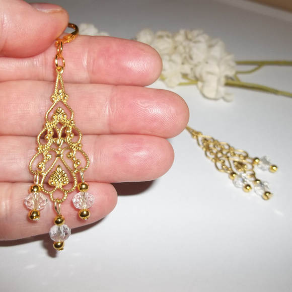 Earring Chandelier Statement Gold & Clear Set 4505 - Picture 5 of 8